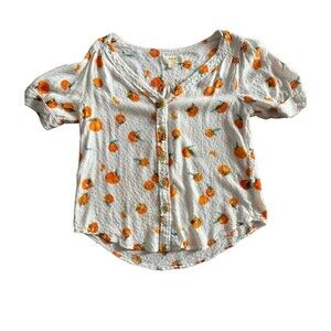 MAEVE by Anthropologie  Short sleeve Fruit Print Button-up Cropped Top White US2